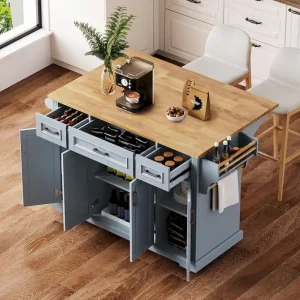 54 Large Kitchen Island with Rubber Wood Drop Leaf, Embossed Texture Rolling Kitchen Cart on 4 Wheels with 4 Doors  3 Drawers(Grey+blue)