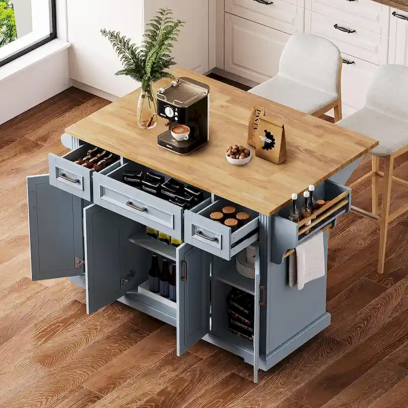 5564217901031483d02cb87c387711cdc23c37f114b5e93f671afda181936359 54 Large Kitchen Island with Rubber Wood Drop Leaf, Embossed Texture Rolling Kitchen Cart on 4 Wheels with 4 Doors 3 Drawers(Grey+blue)