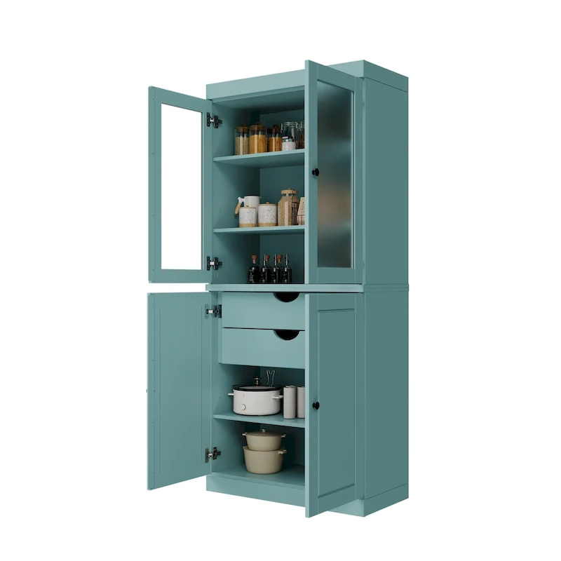 55a53de5a6ce1a0f39c1c62ad0289570a74e337c344a32e19d46246e67bdedb1 100% Solid Wood Pantry Cabinet with Frosted Glass Doors, Solid Doors, 2-Drawers and Adjustable Shelves(Black)