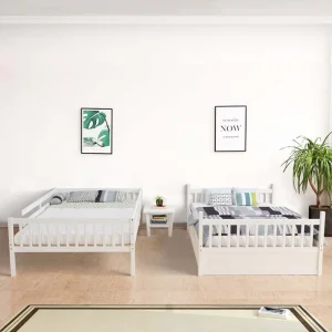 Solid Wood Full Over Full Bunk Bed Frame with Trundle, Safety Ladder  Guardrails, Convertible Bunk Bed for Kids Teens(White)
