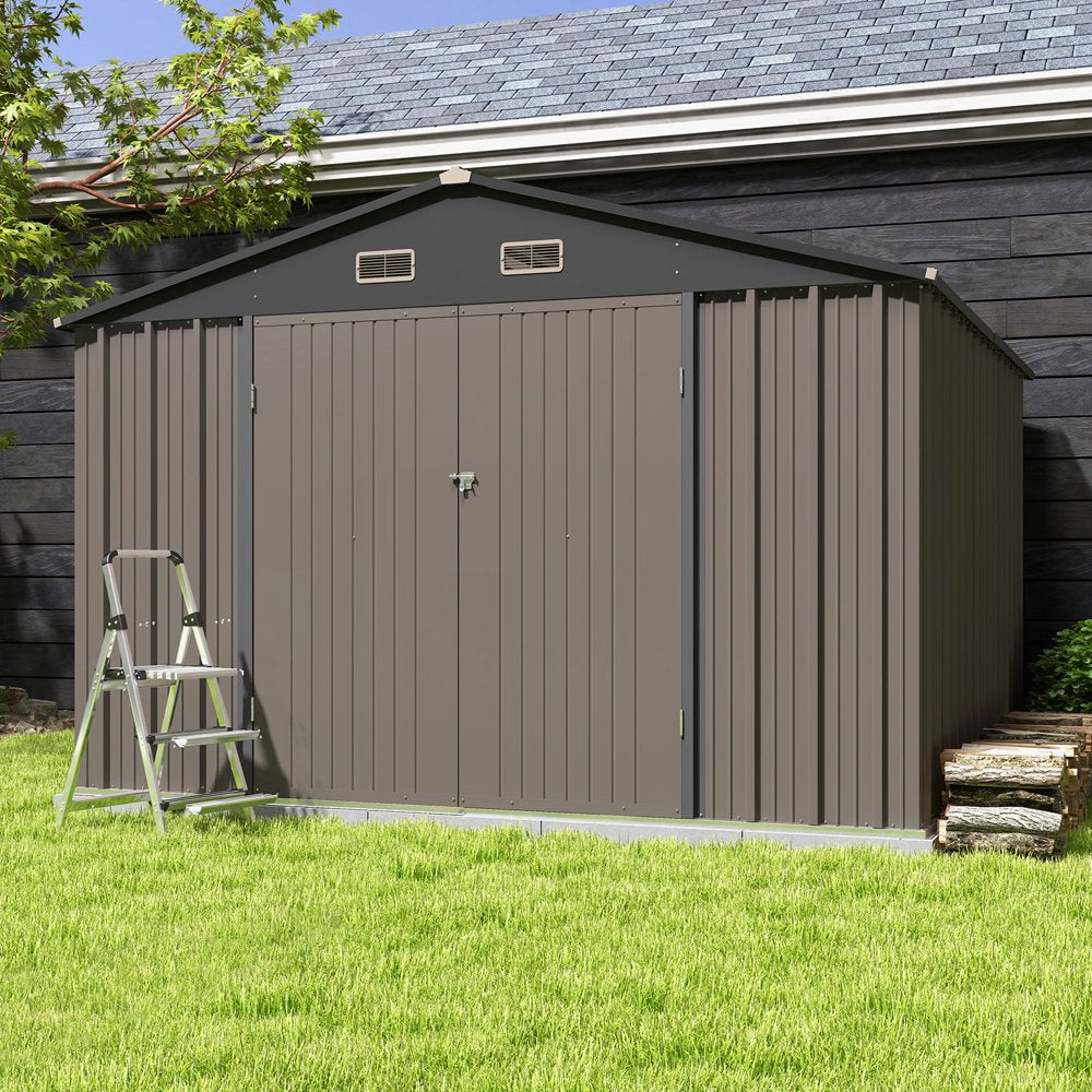 575d324410936c8285b6bf9a189f1e1e35a0fa02d7c2b4d3438203a17c366e1c Patiowell 10¡Á10 ft Metal Storage Shed, Sloping Roof, Double Lockable Doors, Galvanized Steel, Coffee Brown