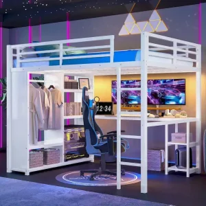 Queen Loft Bed - Built-in Wardrobe  Desk, Metal Frame with Shelves(Off White)
