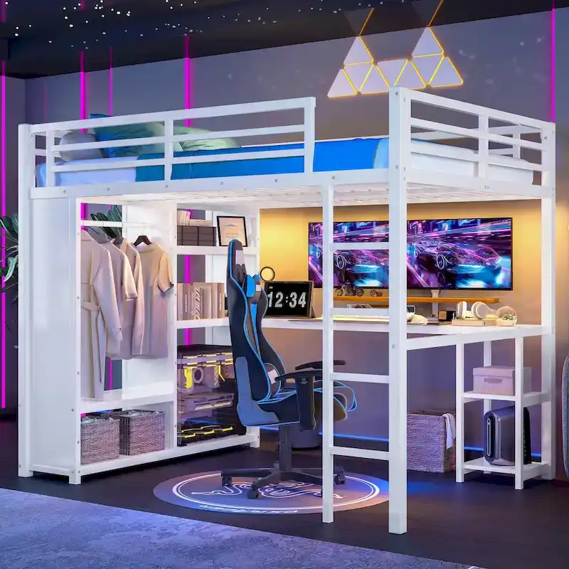 57d7453d4c92471dfc356d1b6ea7bcac30afe2d85770be9d38d28eeff6c20c5f Queen Loft Bed - Built-in Wardrobe Desk, Metal Frame with Shelves(Off White)