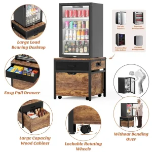 Mini Fridge Stand with Charge Station, Side/ End Table with Storage Drawers and Rolling Cabinet(Rustic Brown)