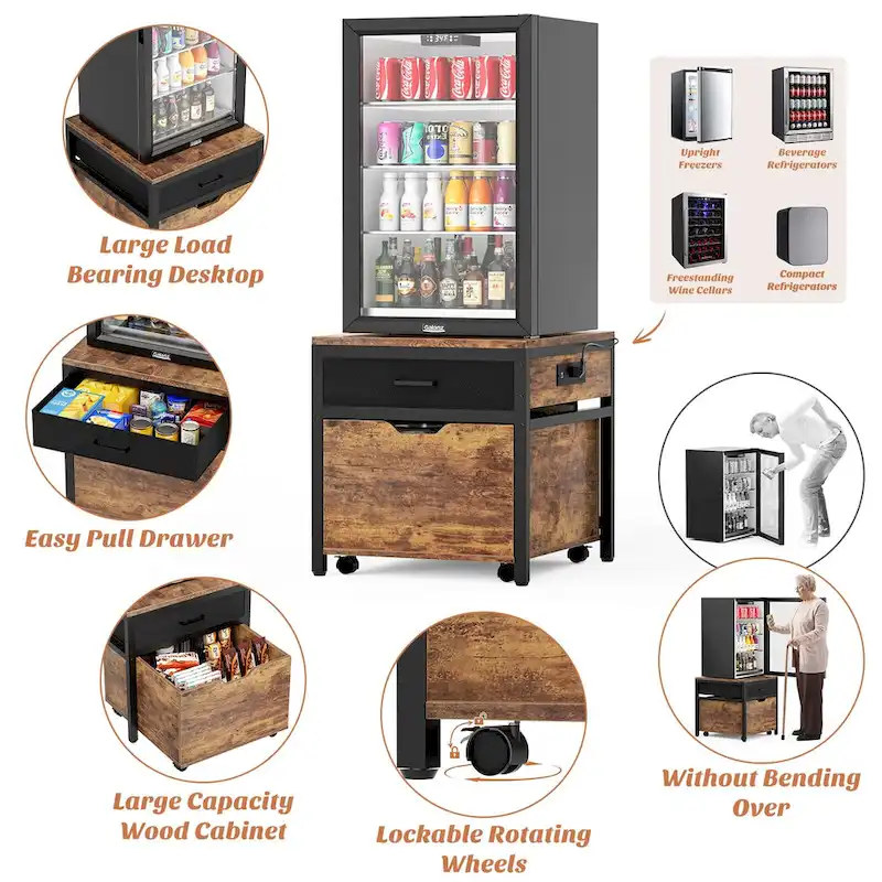 57e2a2047e513a650f9d51f580fd547ecca4ac1ae51d061e10713ae60cdc70fa Mini Fridge Stand with Charge Station, Side/ End Table with Storage Drawers and Rolling Cabinet(Rustic Brown)