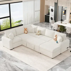 Chenille Sectional Sofa Pull-out Sofa Bed, L-Shape Sleeper Sofa with Storage Ottoman, 3 Pillows and Charging Devices(Cream)