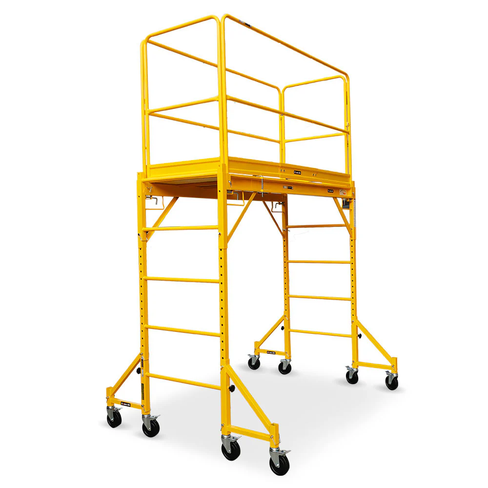 5a22d44549fc259ce3c66ad6a14e480fc5a91bc31b34968f1c7c008e8ea0b1d5 Baumr-AG 1.9 x 0.8 x 1.8m Adjustable Mobile Scaffold Platform, Guard Rail, Outrigger Wheel Set, Trapdoor Hatch