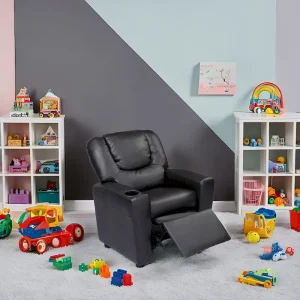 PVC Kids Recliner Chair with Push-Back Reclining Function, Cup Holder, and Comfortable Footres(Black,pvc)