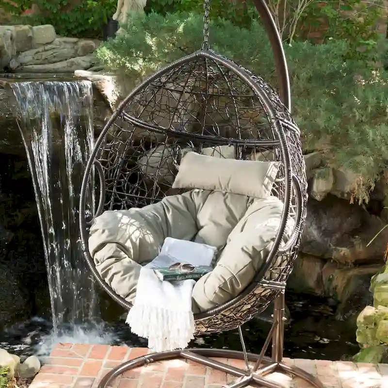 5b8c4d70ef0ef493308b0820fec8372c4d514b7d45d366ee731d30c75a24975f Waterproof Outdoor Wicker Hanging Basket Chair with Cushions, Hammock Seat - 300 lbs Capacity(Khaki+brown)