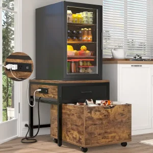 Mini Fridge Stand with Charge Station, Side/ End Table with Storage Drawers and Rolling Cabinet(Rustic Brown)