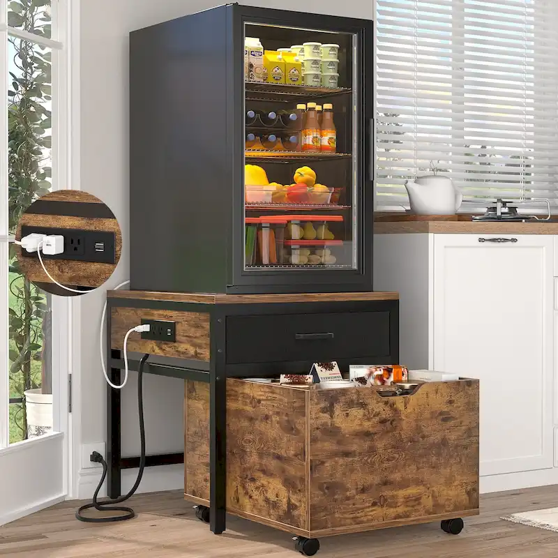 5ba5a4c73d4241c56d8b658748fe7e47d9043005de91a9143f3053234d6f9ffb Mini Fridge Stand with Charge Station, Side/ End Table with Storage Drawers and Rolling Cabinet(Rustic Brown)