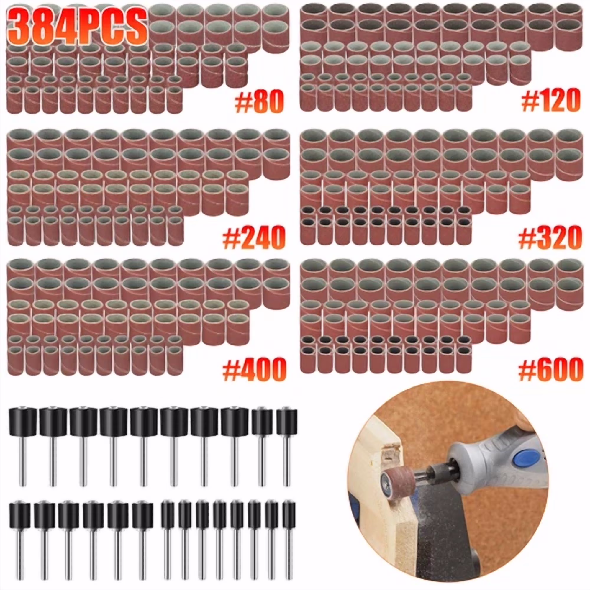 KNACK - 384Pcs Sanding Drum Nail Sander Drill Bit Kit For Dremel Accessories Rotary Tool