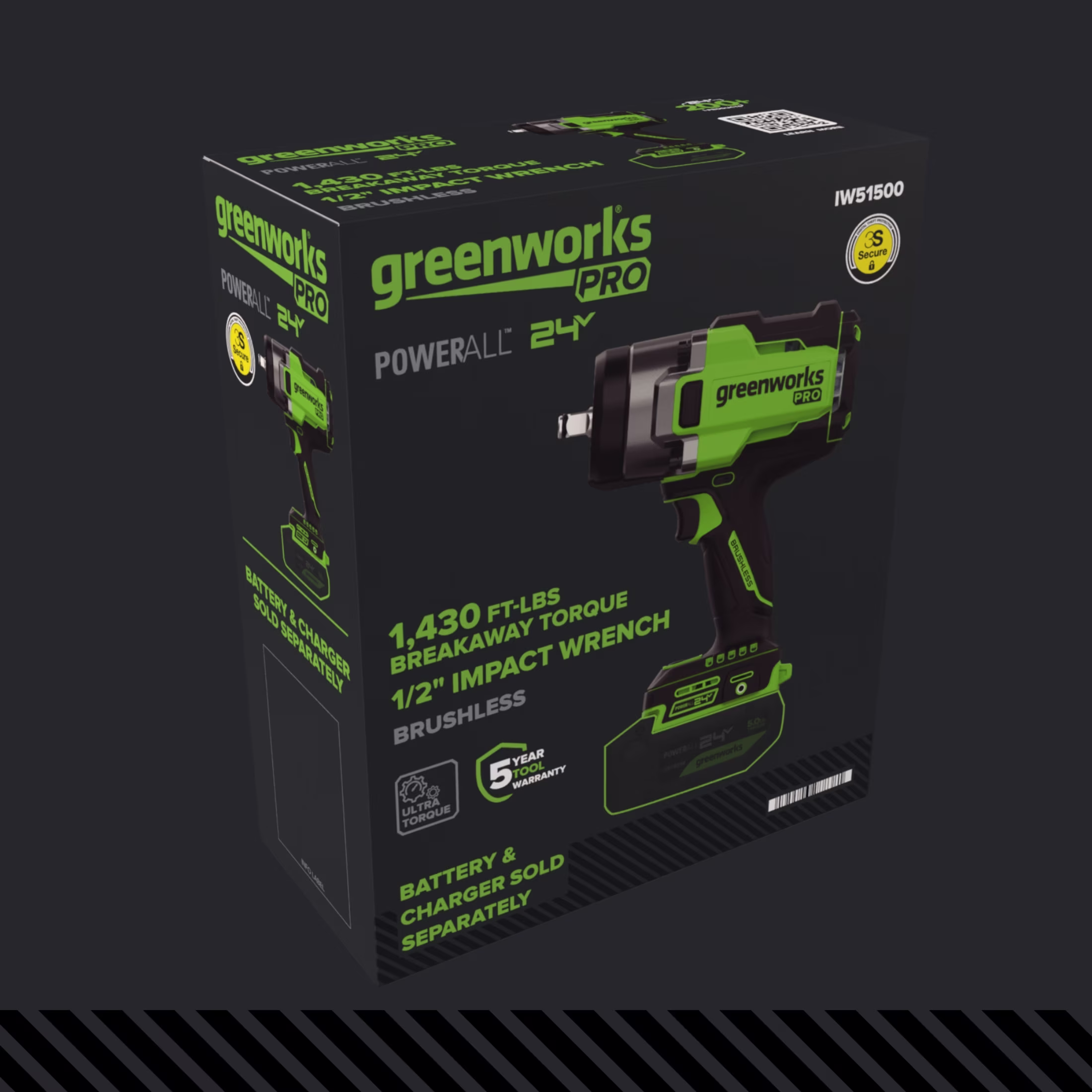 5c415ebe7d7a9e608e2426dc8e414ceec9159edc18594d42af565f39b83d7015 Greenworks Pro PowerAll 24V Brushless 1,430 ft-lb Breakaway Torque 1/2" Impact Wrench, Tool Only, IW51500A1