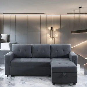 Reversible Sectional Sofa with Pull-Out Sleeper Bed, Hidden Storage Chaise, Durable Legs,(Black,Air Leather)