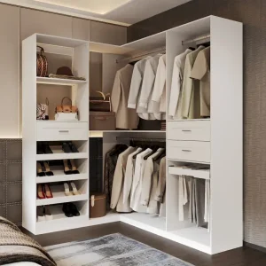 Corner Wardrobe Closet with 2 Hanging Rods, Pants Rack, and Shoe Storage Organizer Armoires(White)
