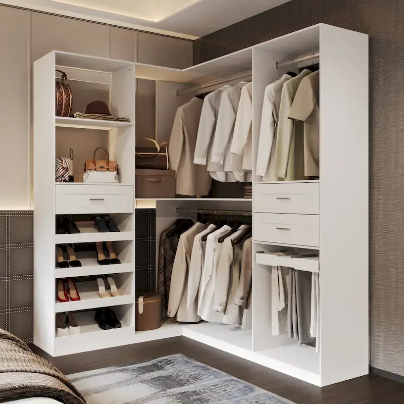 5ca04666112cb294f950de2bb2a702200cb6413c84562c29ddf736a063b63e96 Corner Wardrobe Closet with 2 Hanging Rods, Pants Rack, and Shoe Storage Organizer Armoires(White)