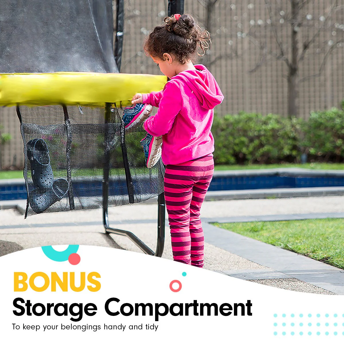 5d110193314243ff5dd6be4057a169aac4dfa981c69e3284bbb98361dab70cf2 Kahuna 8ft x 11ft Outdoor Rectangular Rainbow Trampoline With Safety Enclosure And Basketball Hoop Set.