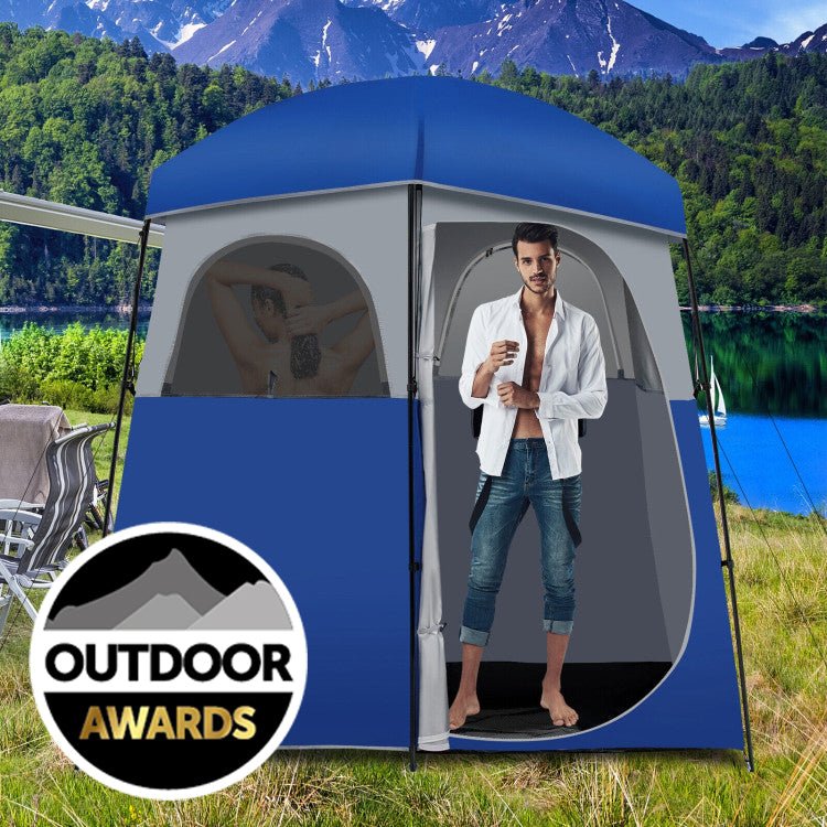5d1d55fc9332db1d4e63d3c12874910e5ec54e825a7853524da1a808a465adcd Sturdy Double-Room Camping Privacy Shower Toilet Tent W/ Storage Bag