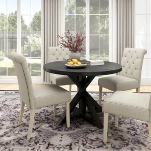 5 Piece Dining Table Set, Wooden Kitchen Furniture Set, Round Table with Cross-Buck Pedestal Base and 4 Tufted Chairs(Black,gray)