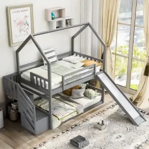 Twin over Twin House Bunk Bed with Convertible Slide,Storage Staircase can be Placed Left or Right,Gray(N/A)