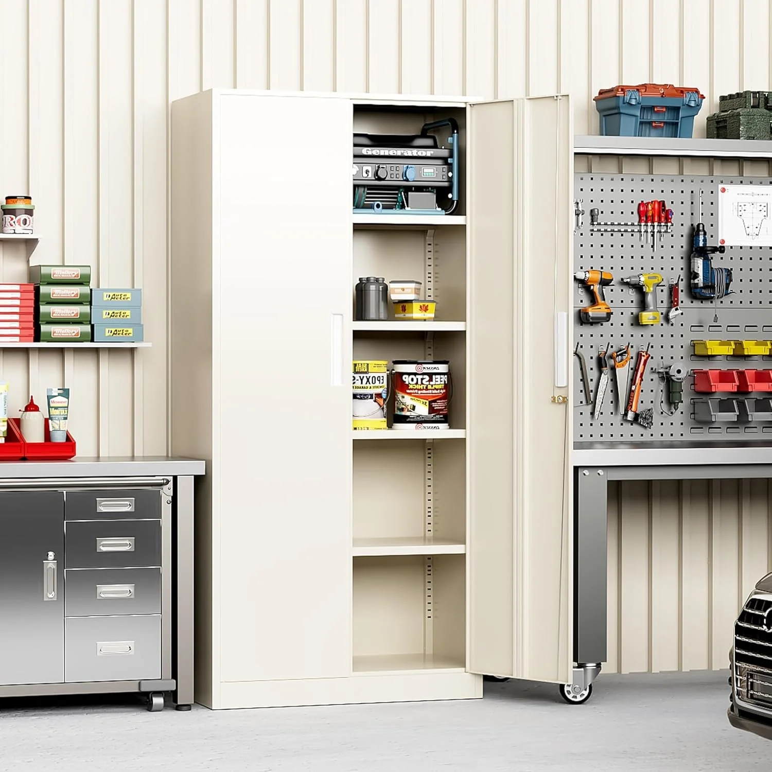 5e48f8928f56c7568cd624b23c6bbfdf60ec5dd4dc1d39848540c54114dc4c64 71 inch Garage Storage Cabinet Shelving Kitchen Pantry Locker with Adjustable Shelves for Office, Garage, Home, Pantry(Grey White)