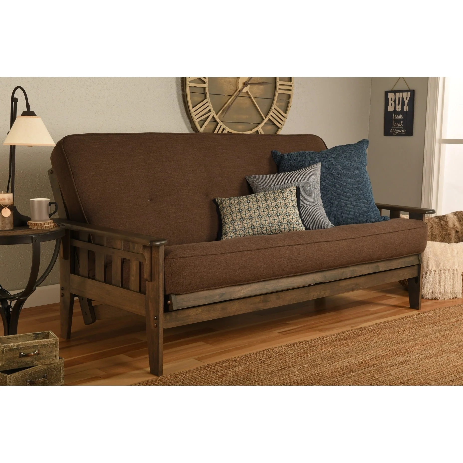 5e796cf0d5527c609aecf69a85cb491437c9e61a9867652ada71c30731d332e4 Somette Tucson Full-size Rustic Walnut Futon Set with Mattress(Suede Grey)