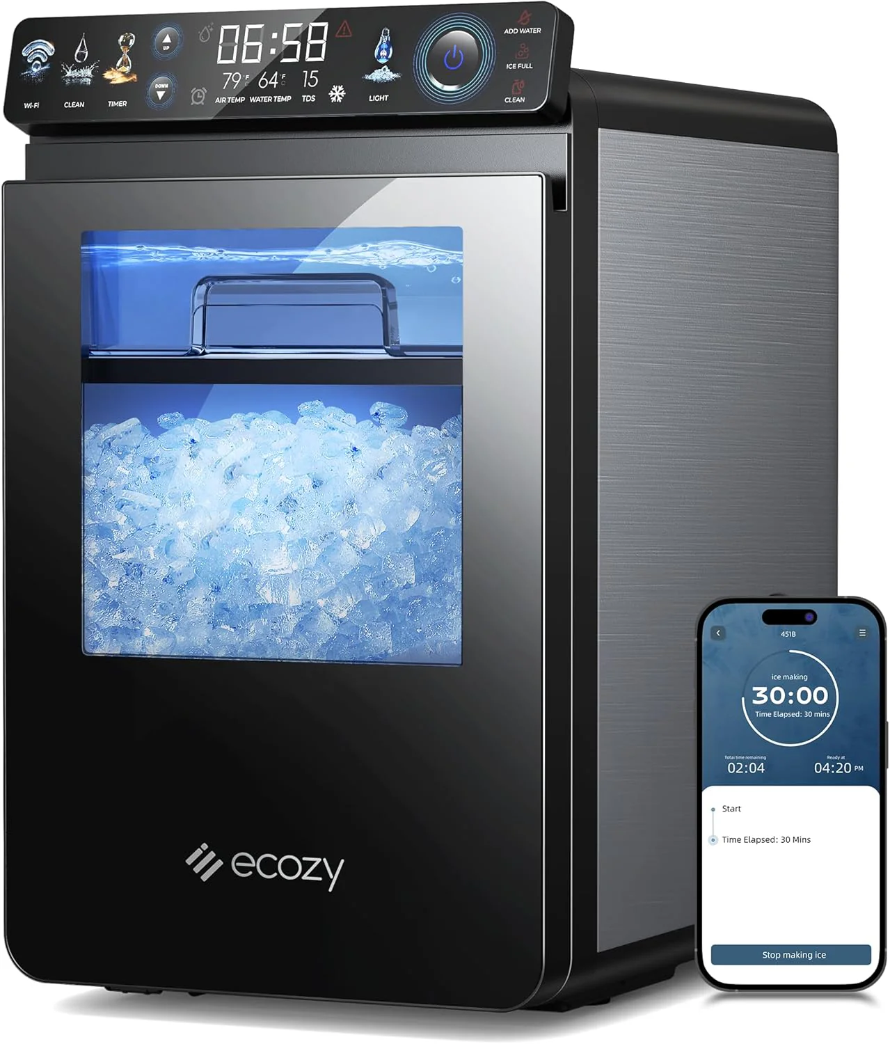 5ebd1da272a8bcdbfa36cb14c979abecf19a359cf7cd784ff320badedd0163f2 Nugget Ice Maker Countertop, Smart Pebble Ice Machine with APP Control, 44 lbs/24H Soft Pellet Chewable Ice with Self-Cleaning, Stainless Steel.