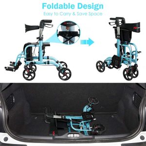 2 in 1 Rollator Walker Wheelchair Folding Medical Walker, Aluminum Transport Chair Mobility Walking Aid(Blue)