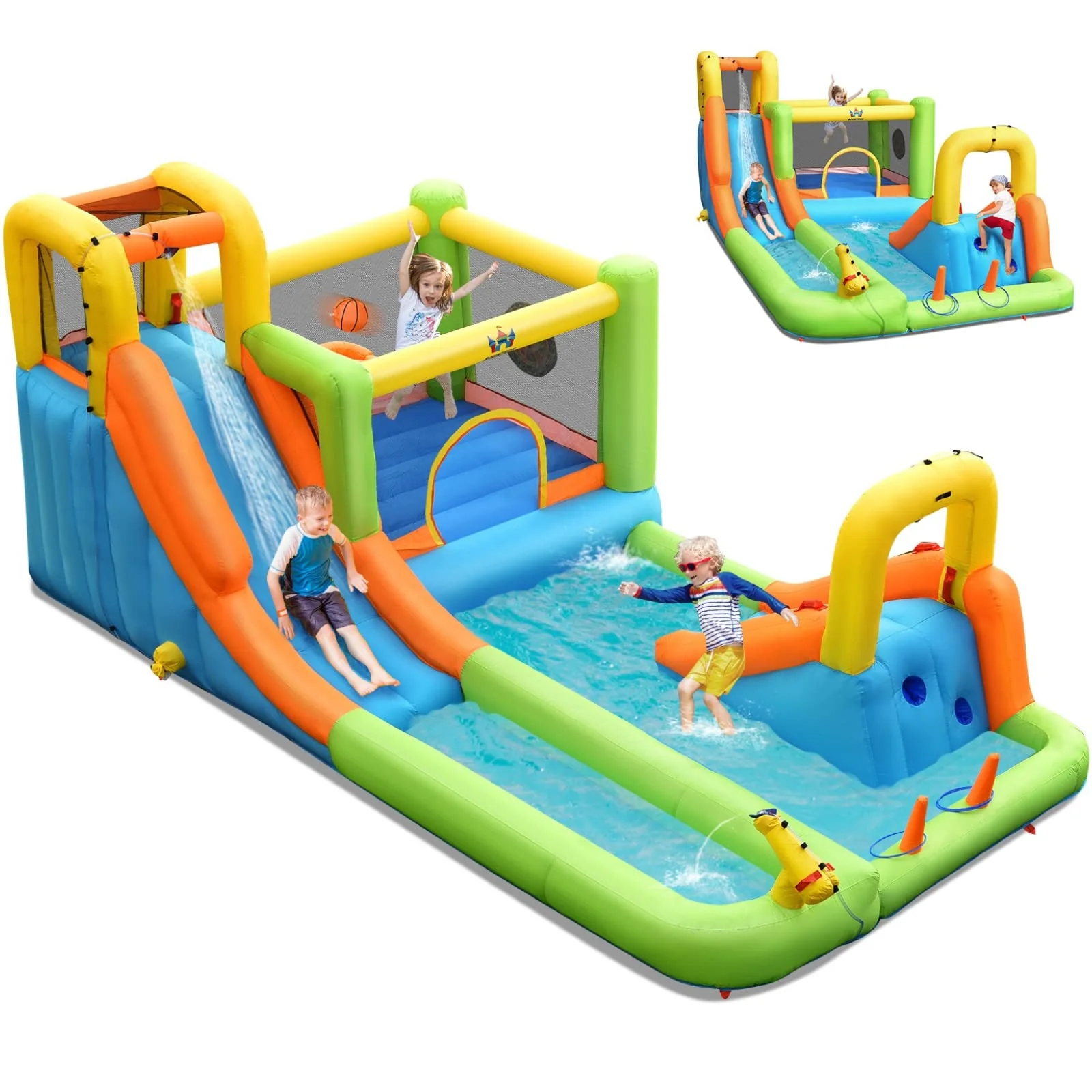 5f27deb828c17e99ae10f554e70e5cd9388a968c0d8a191b61d7eecaab58575c 8-in-1 Giant Water Park Bounce House Inflatable Water Slide with Trampoline, Climbing Wall, Splash Pool, Water Gun Sprinker