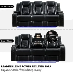 Power Reclining Sofa with Wireless Charger,Reading Light for Living Room,Faux Leather LED Light,AC/USB Port,Cup Holder,Black(Black-3-seat)