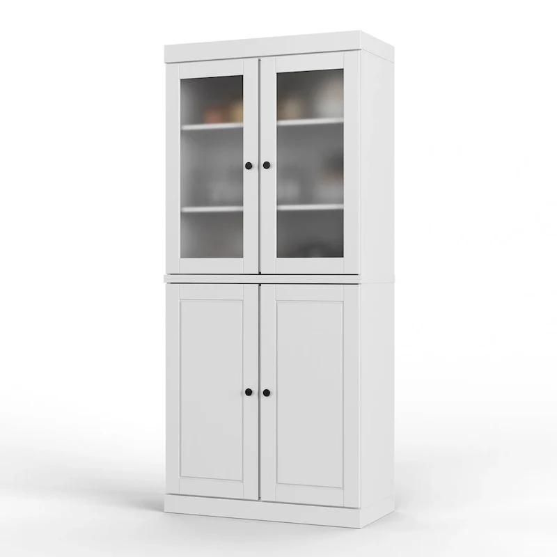 608b01154b959f1f0ab785c7301a21345300def584396e924c7198e65ae22202 100% Solid Wood Pantry Cabinet with Frosted Glass Doors, Solid Doors, 2-Drawers and Adjustable Shelves(Black)