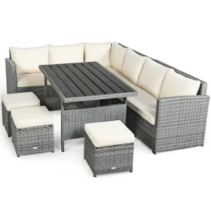 7 Pcs Rattan Patio Dining Furniture Sectional Sofa Set with Dining Table, Ottomans  Cushions(White)
