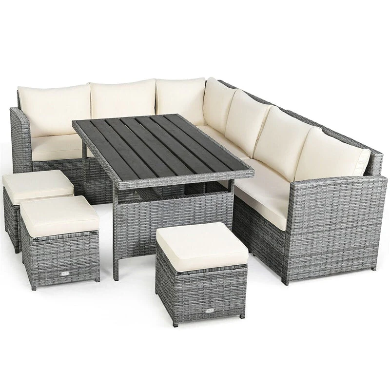 60d1791911603dd505735397d531b9d227f4a72aea2832f451906f1fe19ddd57 7 Pcs Rattan Patio Dining Furniture Sectional Sofa Set with Dining Table, Ottomans Cushions(White)