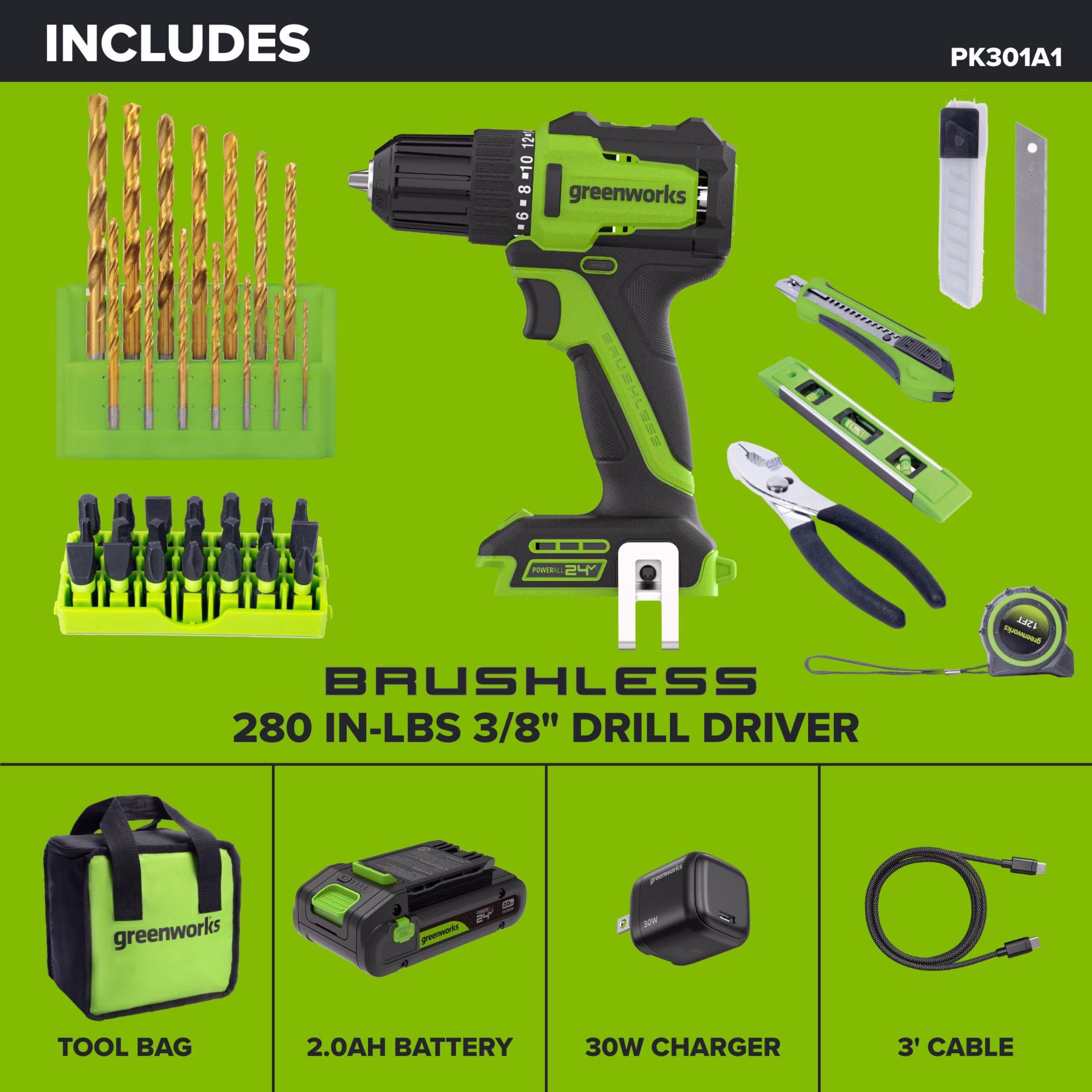 60ffdcbb3ea7e5b84879cccab1aad16f7aaac3e39fecf6942e14d5c4ad433733 Greenworks PowerAll 24V Brushless 3/8" Drill Driver with 2Ah Battery and Hand Tools, PK301A1