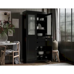 100% Solid Wood Pantry Cabinet with Frosted Glass Doors, Solid Doors, 2-Drawers and Adjustable Shelves(Black)