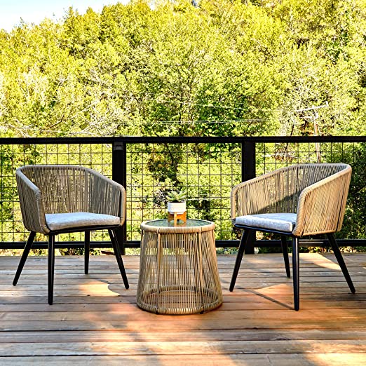 6223dce665acedc40829aca0a3b8dcbe7142633f77a2b904581899e5873f838f Patio Furniture Set 3-Piece Outside Bistro Set Handwoven Rattan Wicker Chairs with Waterproof Cushions Tempered Glass Table Outdoor Conversation Set for Porch Brown Light Grey(Brown Light Grey)