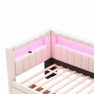 Upholstered Platform Bed with USB Ports  LED Lighting - Full/Twin Size Bed Frame with 2 Storage Drawers - Modern Bedroom(White/TWIN)
