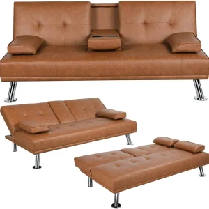 Yaheetech Convertible Sofa Bed Adjustable Couch Sleeper Modern Faux Leather Home Recliner Reversible Loveseat Folding Daybed Guest Bed, Removable Armrests, Cup Holders, 3 Angles, 772lb Capacity, Black(Brown)