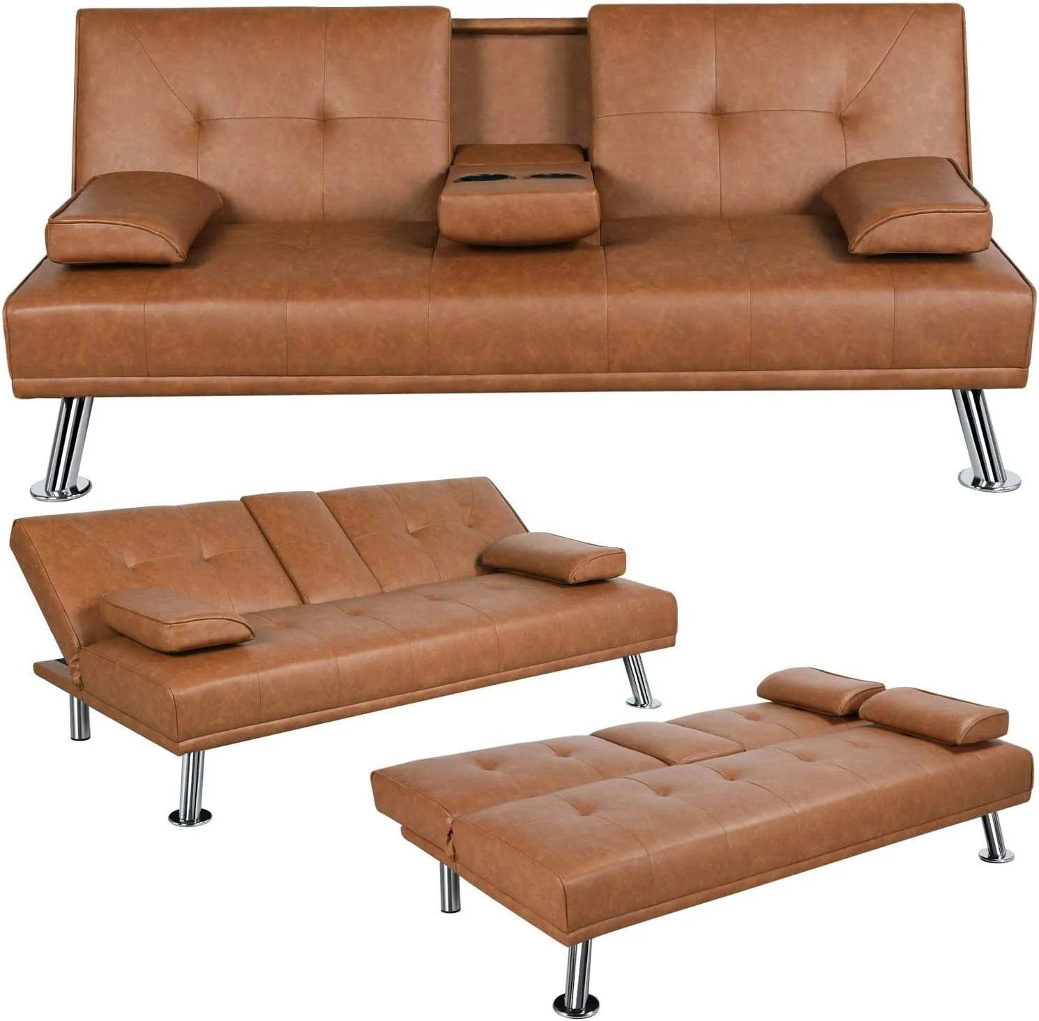 629ba2015bbdaf3c9c7b6bc0c31e9255fd3899b3b7150bafe6bae40ff9465028 Yaheetech Convertible Sofa Bed Adjustable Couch Sleeper Modern Faux Leather Home Recliner Reversible Loveseat Folding Daybed Guest Bed, Removable Armrests, Cup Holders, 3 Angles, 772lb Capacity, Black(Brown)