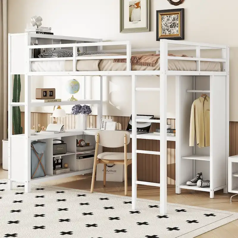 62c81837337666021e287567b550d737f60b2c36c72d6980e9e66d155c876fcd Off-White Metal Loft Bed with Desk and Wardrobe - Full Size(Off White)