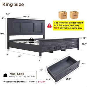 Farmhouse King Wood Bed Frame with Headboard, Platform Bedframe(Black)