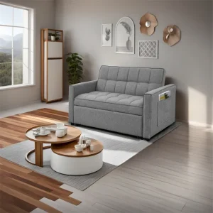 Stylish Pull-Out Sofa Bed w/Woven Polyester Fabric Solid Wood Frame(Blue)