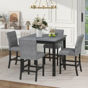 5 Piece Counter Height Dining Set, Wood Dining Table Set with Rectangle Table and 4 Upholstered High Back Chairs(Black)