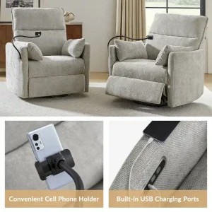 Barry Modern 38 Power Rocking Swivel Nursery Recliner with USB Ports by HULALA HOME(Light Grey)