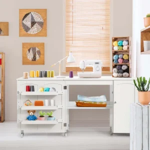 Costway Folding Sewing Table Shelves Storage Cabinet Craft Cart with - See Details(White)