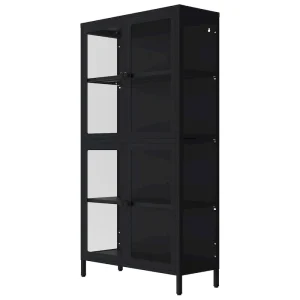 Four Glass Door Storage Cabinet with Adjustable Shelves and Feet Cold-Rolled Steel Sideboard Furniture(Black)