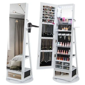 Giantex 360?? Swivel Jewelry Cabinet w/Full-Length Mirror(White)