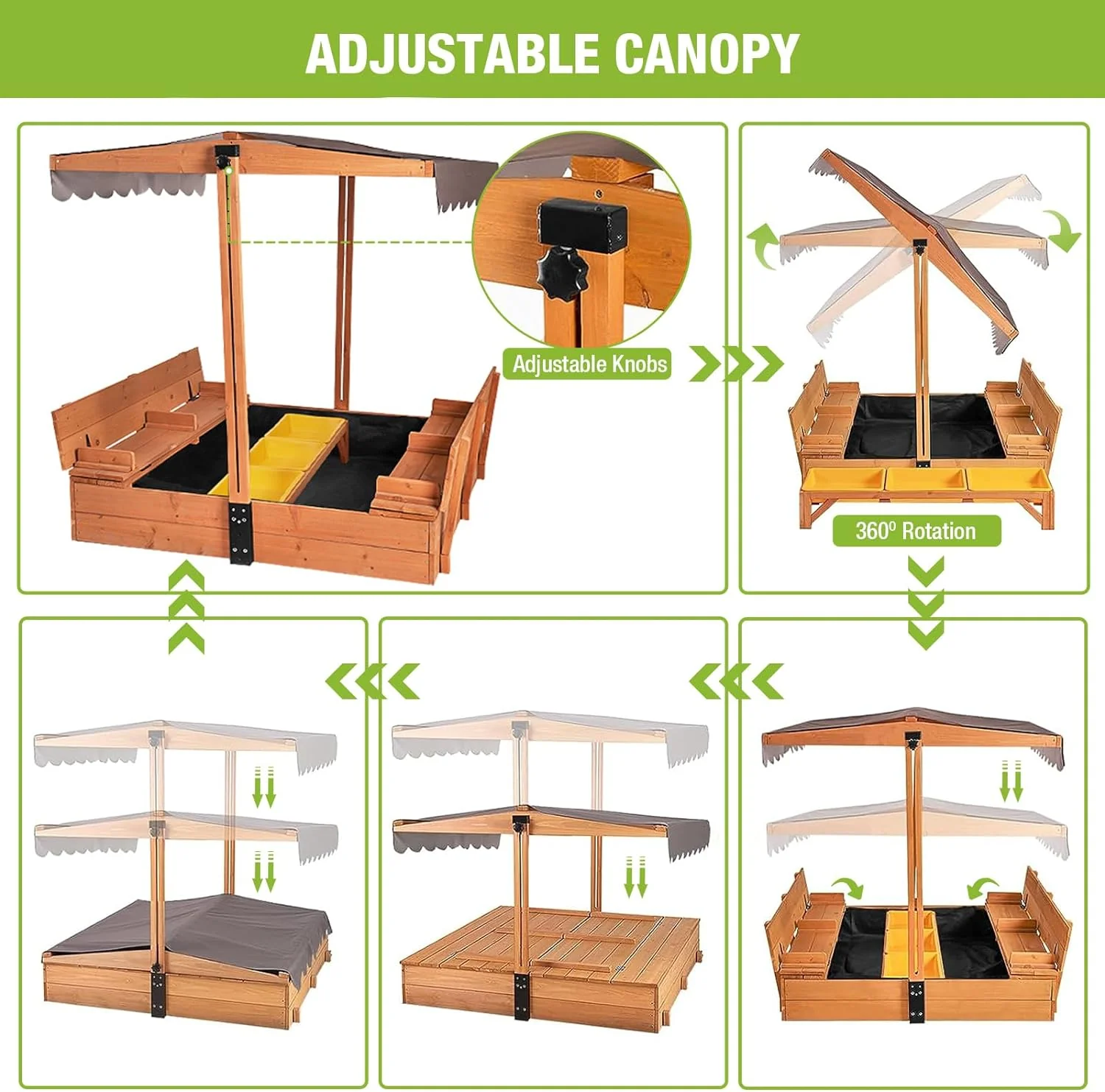 6518910dcd948af966ebc403b6eb0a0294d354435d1d4b20c52508786423160a Kids Wooden Outdoor Sandbox w/Canopy, 2 Foldable Bench Seats, Retractable Roof Sand Protection Liner 47x47-Inch(Sandbox with 3 Toy Bins)