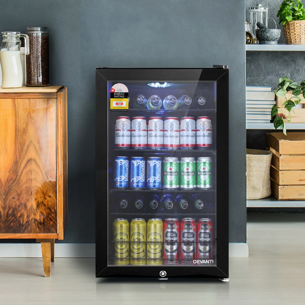 65205079e38e6f9f32b22a24990f93b0885fc767edb8e622ebb0ac6fa81ec0df Devanti 115L Bar Fridge Glass Door w/Light Black