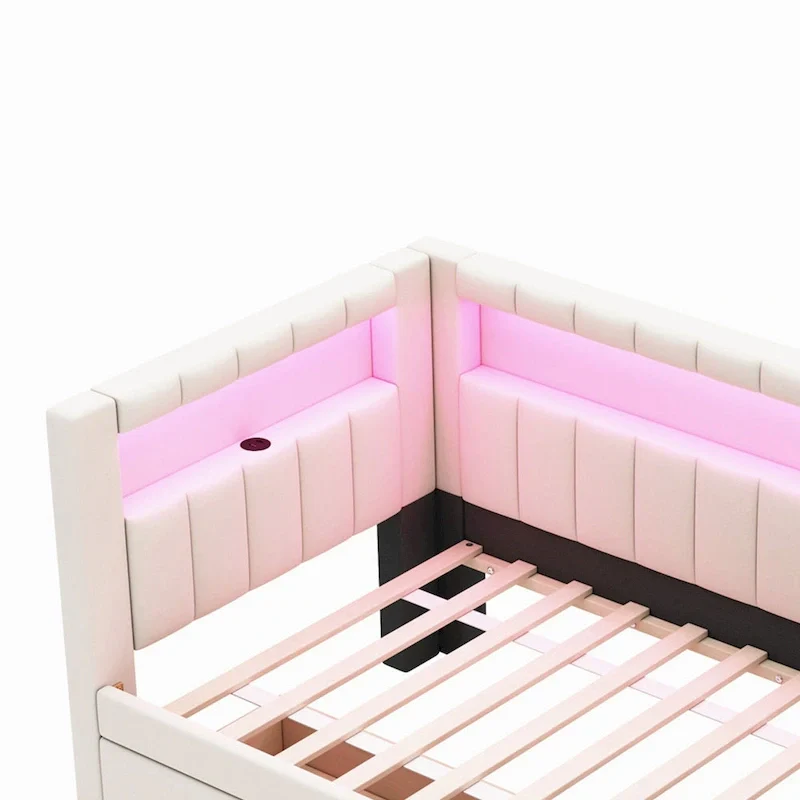 6522a954c65484baff25eb1746e986e37da53613eaebee67fc10884f3638cd4f Upholstered Platform Bed with USB Ports LED Lighting - Full/Twin Size Bed Frame with 2 Storage Drawers - Modern Bedroom(White/TWIN)